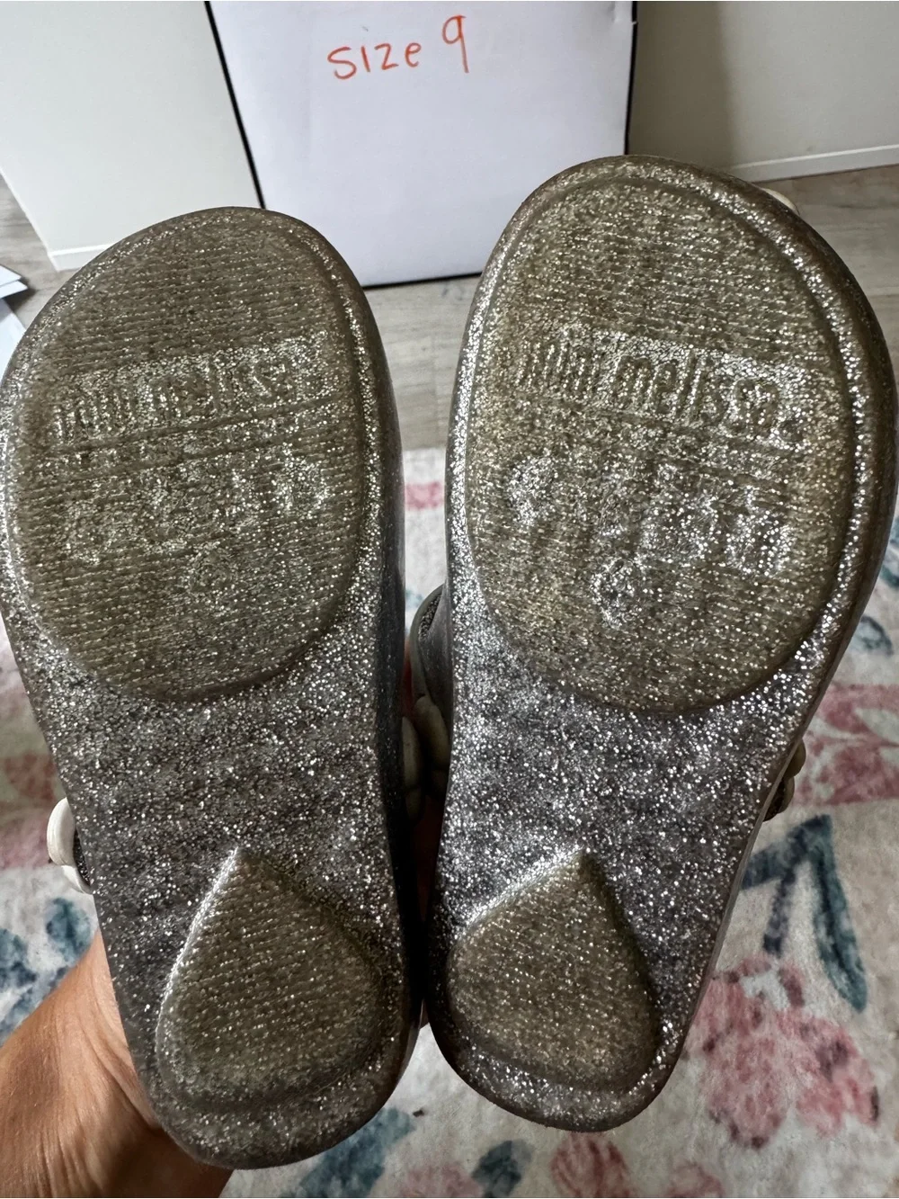 Mini Melissa Silver Glitter Mary Jane Shoes with Pink Unicorn Appliques